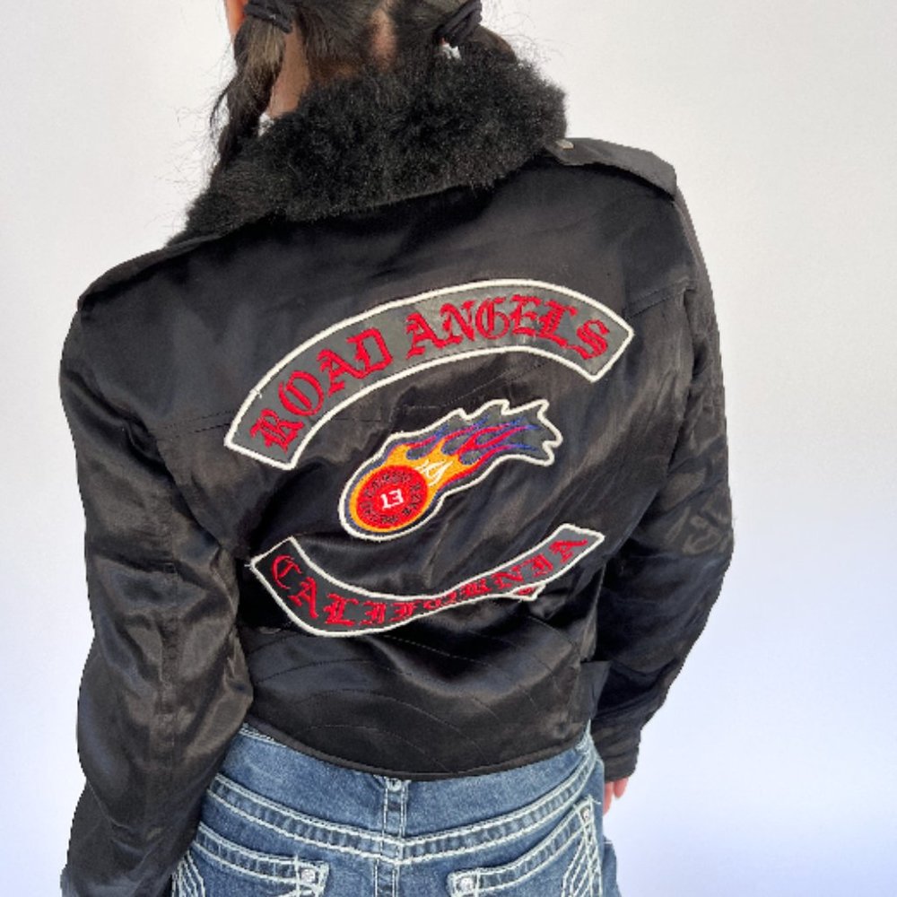 y2k silk faux fur moto jacket (M)